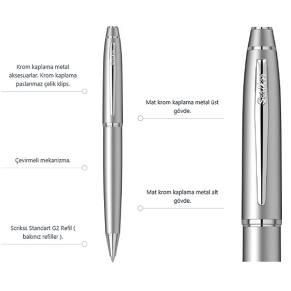 isme özel Scrikks Noble 35 Mat Krom Tükenmez Kalem 